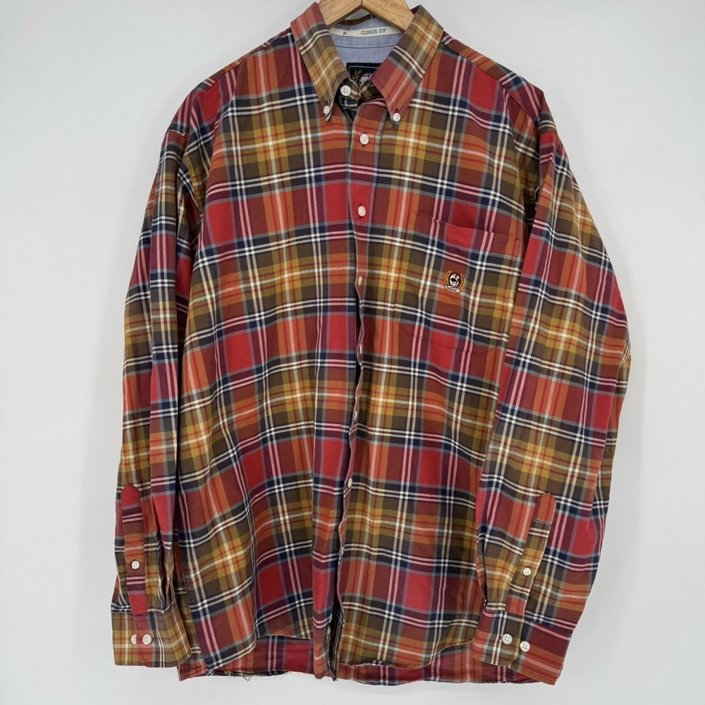 Cinch Up‎ Western Button Down Long Sleeve Shirt Plaid Red Cowboy Men's Large